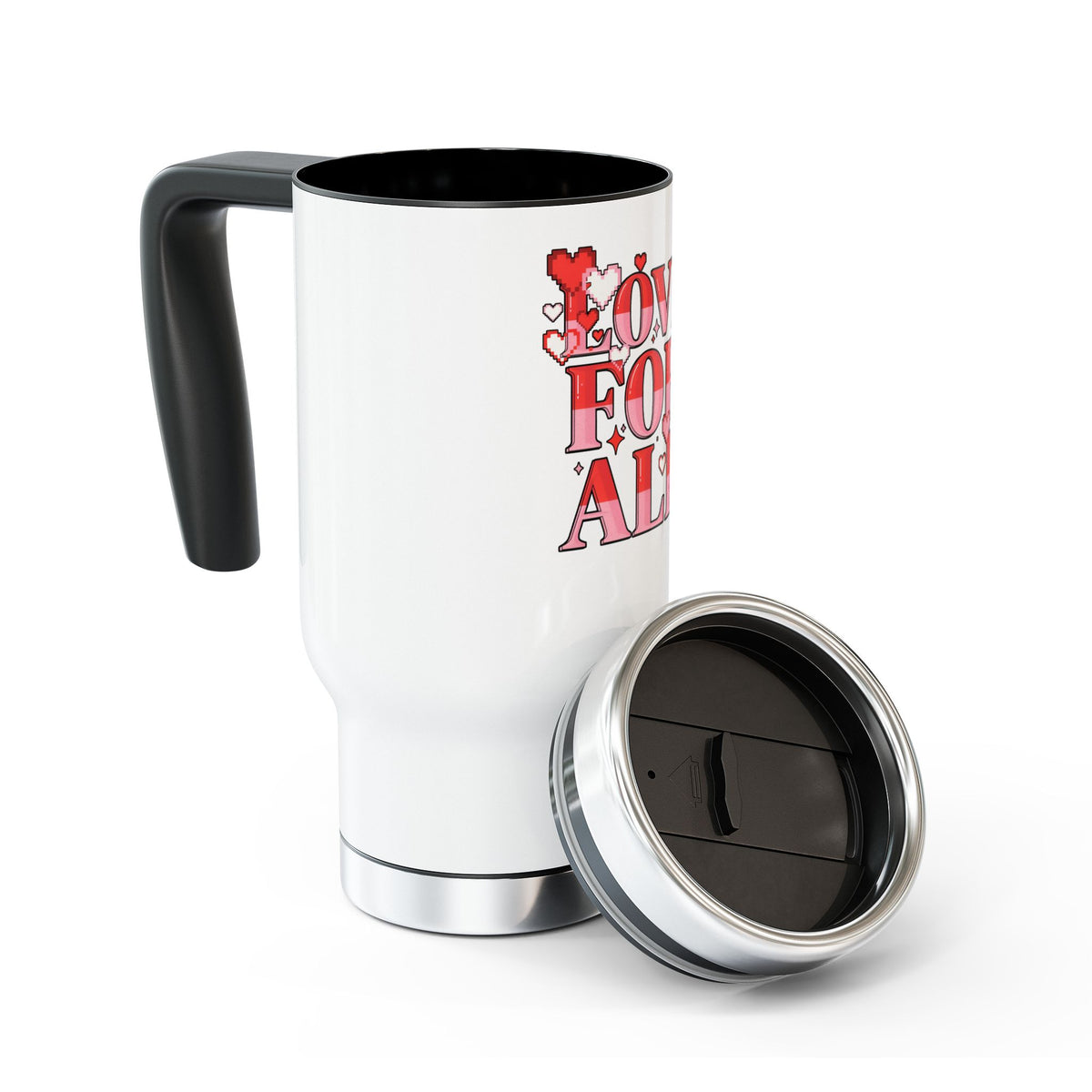 Stainless Steel Travel Mug, Love for All Pixel Heart Cup, Romantic Gift for Her, Cute Valentine Drinkware, Everyday Coffee Mug