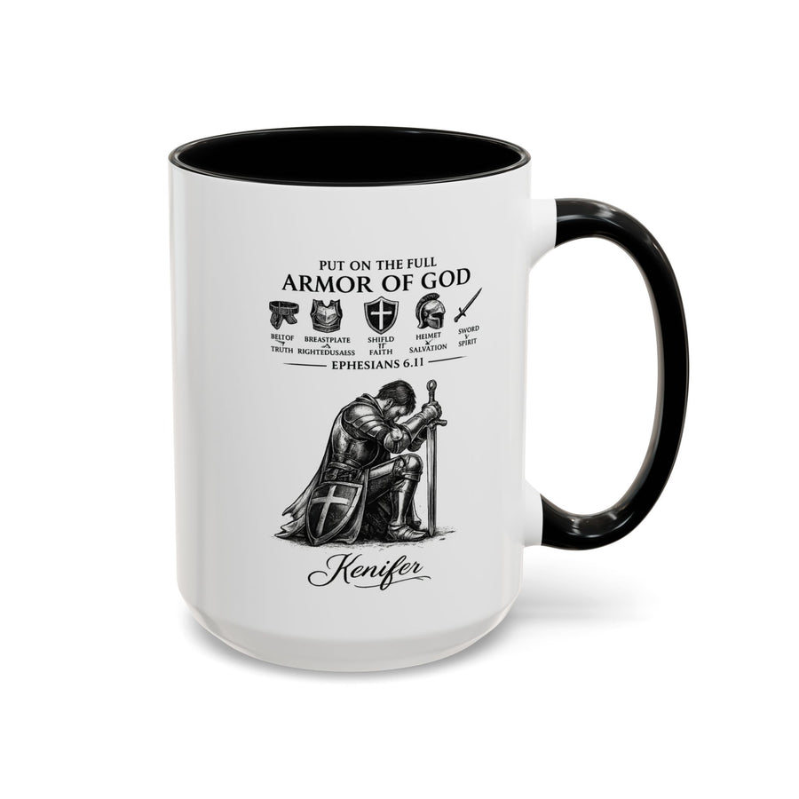 Full Armor of God Coffee Mug with Name, Personalized Christian Knight Gift for Men, Inspirational Scripture Ceramic Tea Cup, Religious Faith Present