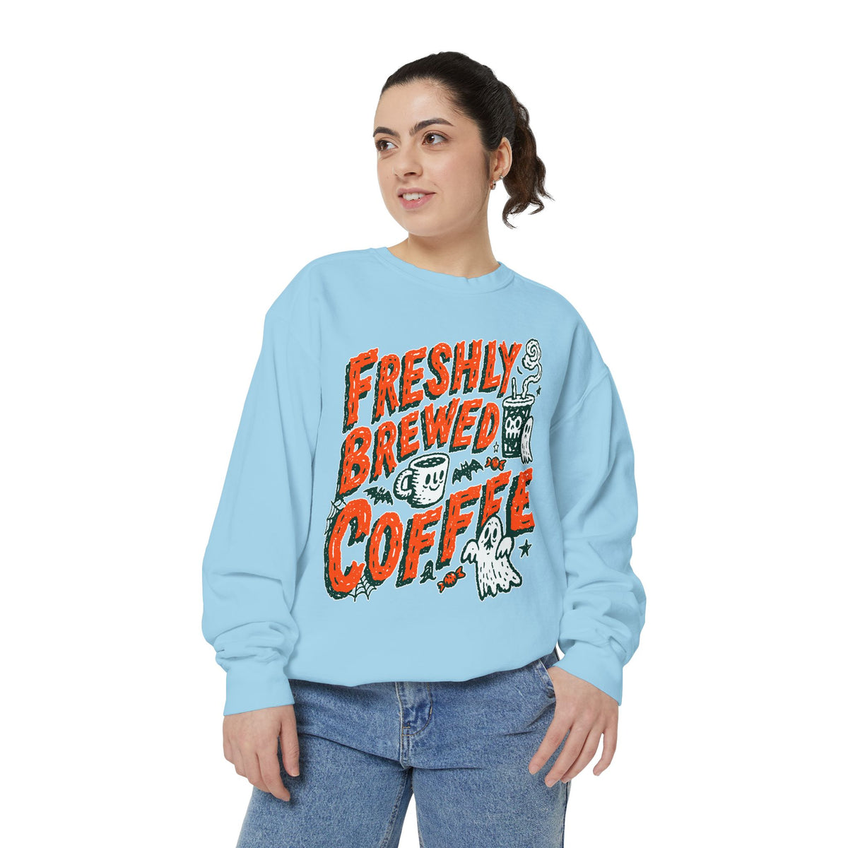 Coffee Lover Halloween Sweatshirt, Freshly Brewed Coffee Ghost Pullover, Cute Spooky Season Gift for Barista and Caffeine Fan, Gift for Her