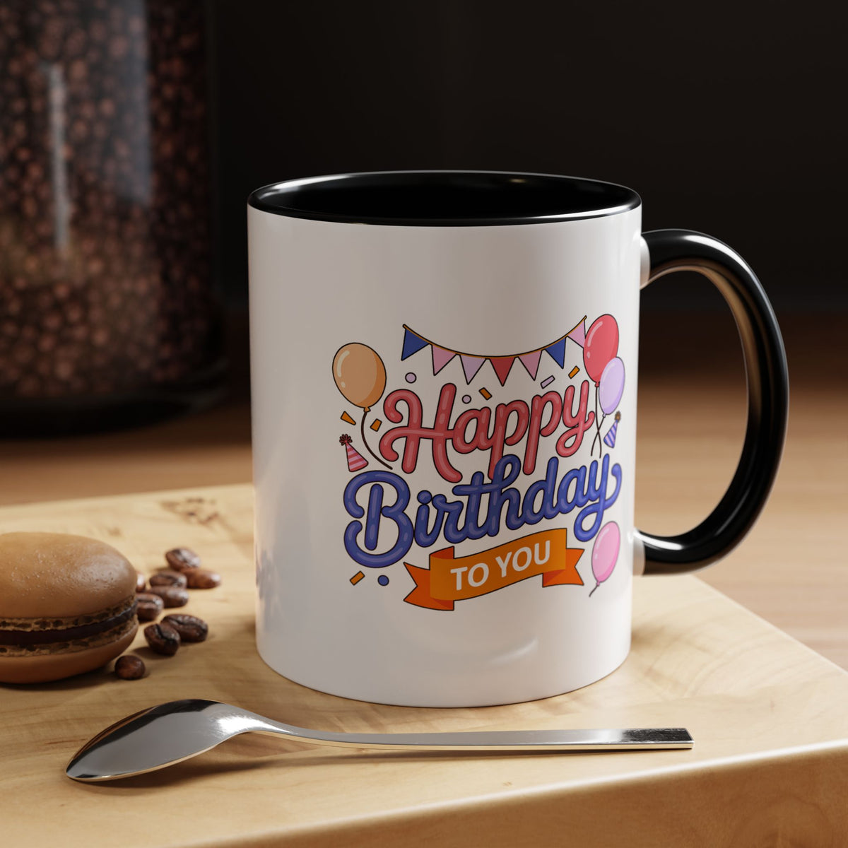 Happy Birthday to You Coffee Mug, Pink and Blue Balloons with Party Bunting, Cheerful Gift for a Sister or Best Friend's Daily Coffee Break