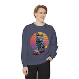 Retro Skateboard Cat Sweatshirt, Rainbow Sunglasses Kitty Crewneck, Funny Cat Lover Gift, Vintage Skater Graphic Cozy Pullover Top