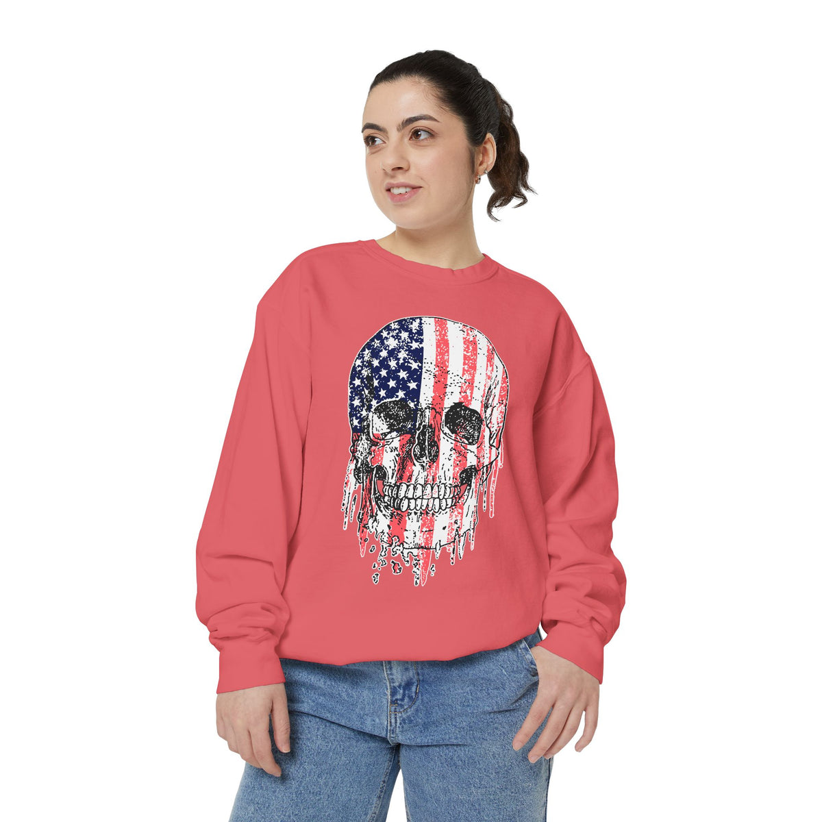 American Flag Skull Sweatshirt, Distressed Patriotic Graphic for Biker Outfits, Fourth of July Style, Birthday Gift for Skull Art Lovers