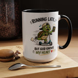 Christian Turtle Coffee Mug, Running Late But God Knows My Heart Mug, Funny Faith Based Mug, Christian Gift for Friends, Bible Lover Cup