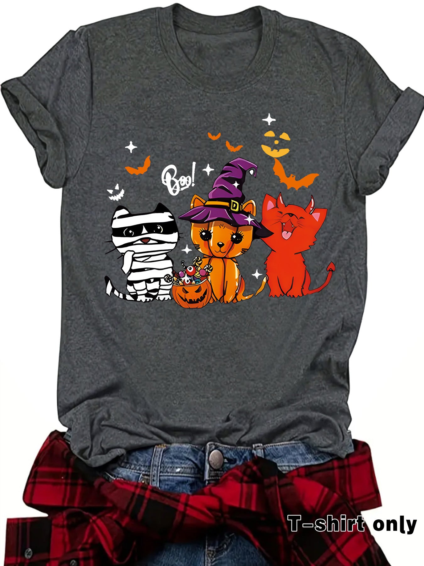 Three Halloween cat prints on short sleeves