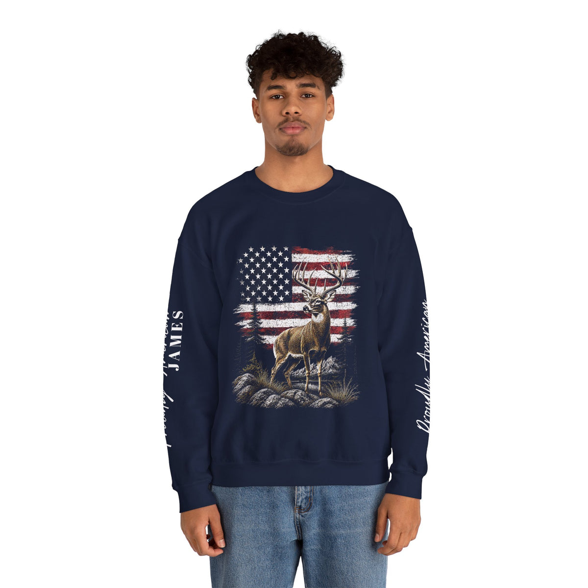 Personalized Hunting Sweatshirt, Custom Deer American Flag Pullover, Patriotic Outdoorsman Crewneck, Hunter Gift, Personalized Family Shirt