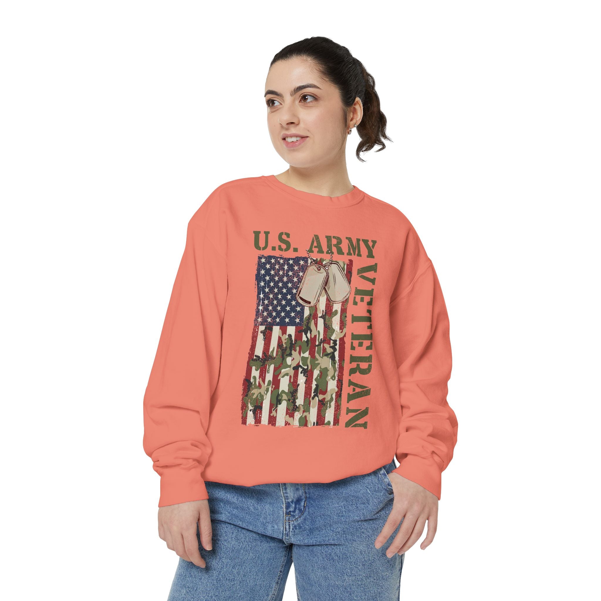 US Army Veteran Sweatshirt, American Flag Camo Crewneck, Military Dog Tag Pullover, Patriotic Soldier Gift, Retirement or Veterans Day Top