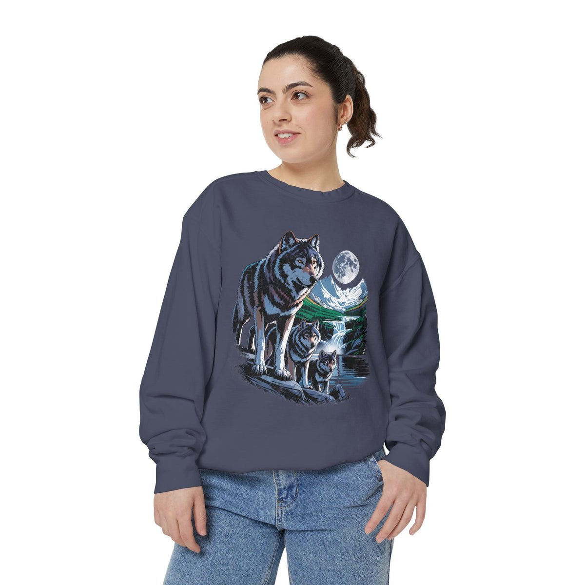Wolf Pack Mountain Sweatshirt, Moonlit Wildlife Crewneck, Nature Lover Gift, Wilderness Forest Graphic Cozy Outdoor Pullover Unisex Top