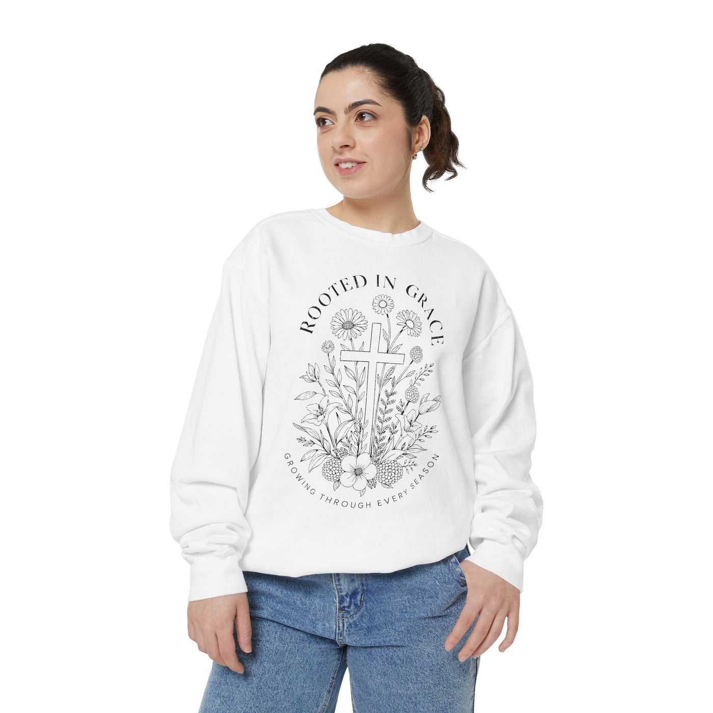 Rooted in Grace Comfort Colors Sweatshirt, Christian Floral Cross Sweatshirt, Faith Based Gift for Women, Inspirational Crewneck