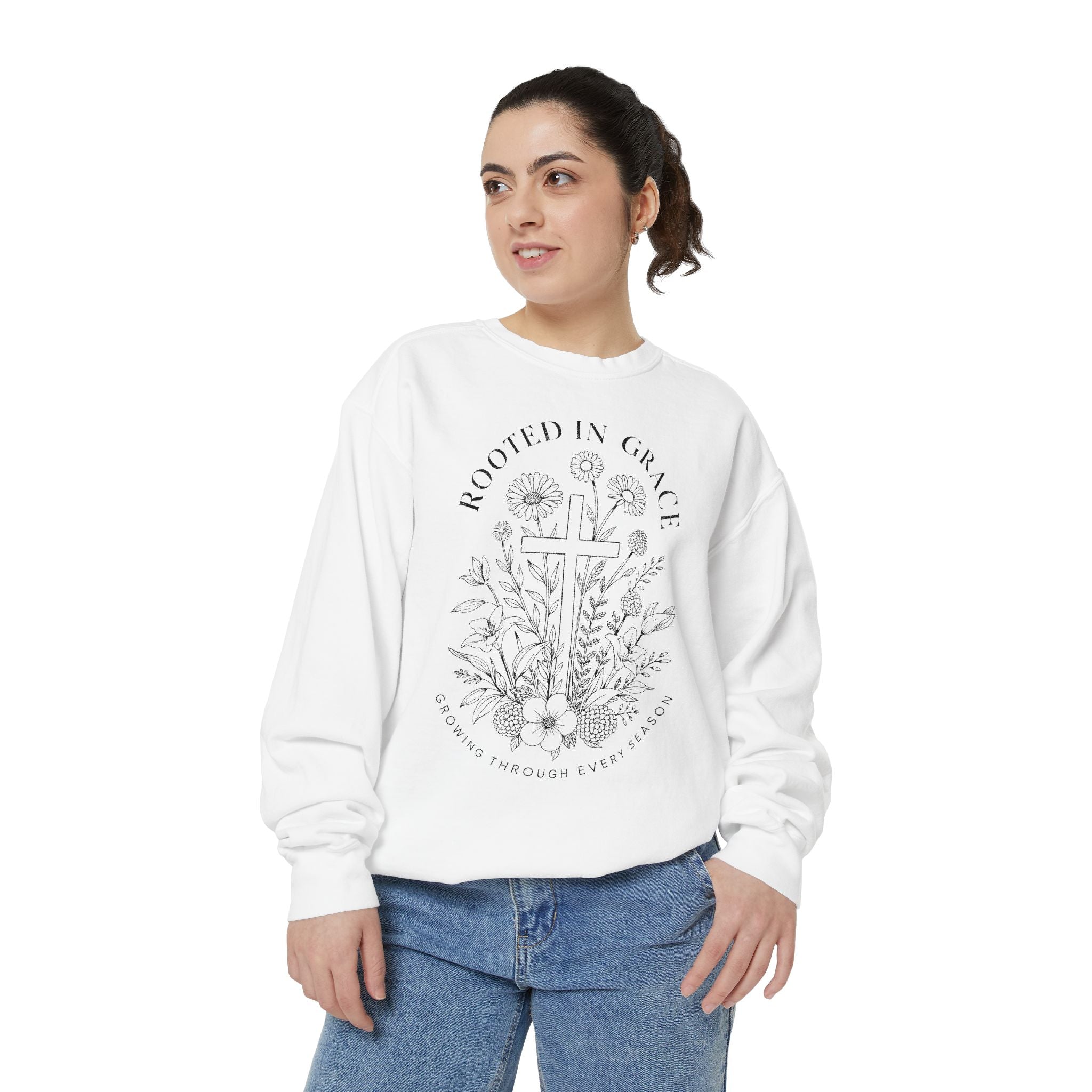 Rooted in Grace Comfort Colors Sweatshirt, Christian Floral Cross Sweatshirt, Faith Based Gift for Women, Inspirational Crewneck