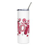 A white insulated tumbler with a clear lid and metal straw, featuring a pink and red gingham patterned design spelling 'mom' with bows and hearts.