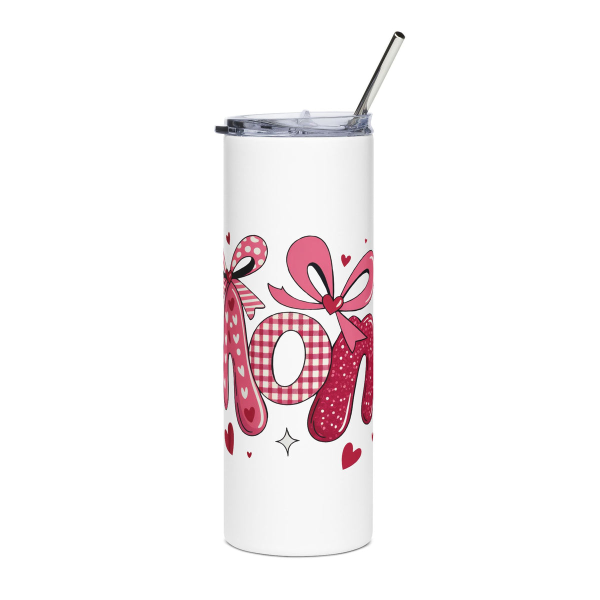 A white insulated tumbler with a clear lid and metal straw, featuring a pink and red gingham patterned design spelling 'mom' with bows and hearts.