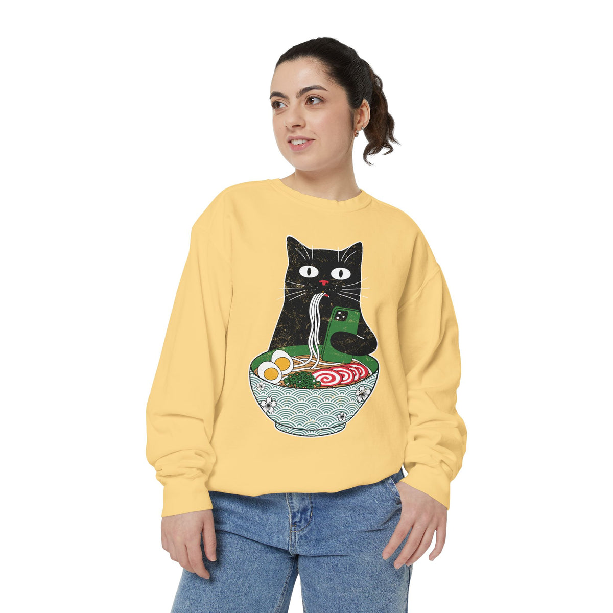 Ramen Cat Comfort Colors Sweatshirt, Funny Cat Eating Noodles Shirt, Cat Lover Graphic Crewneck, Foodie Gift Idea