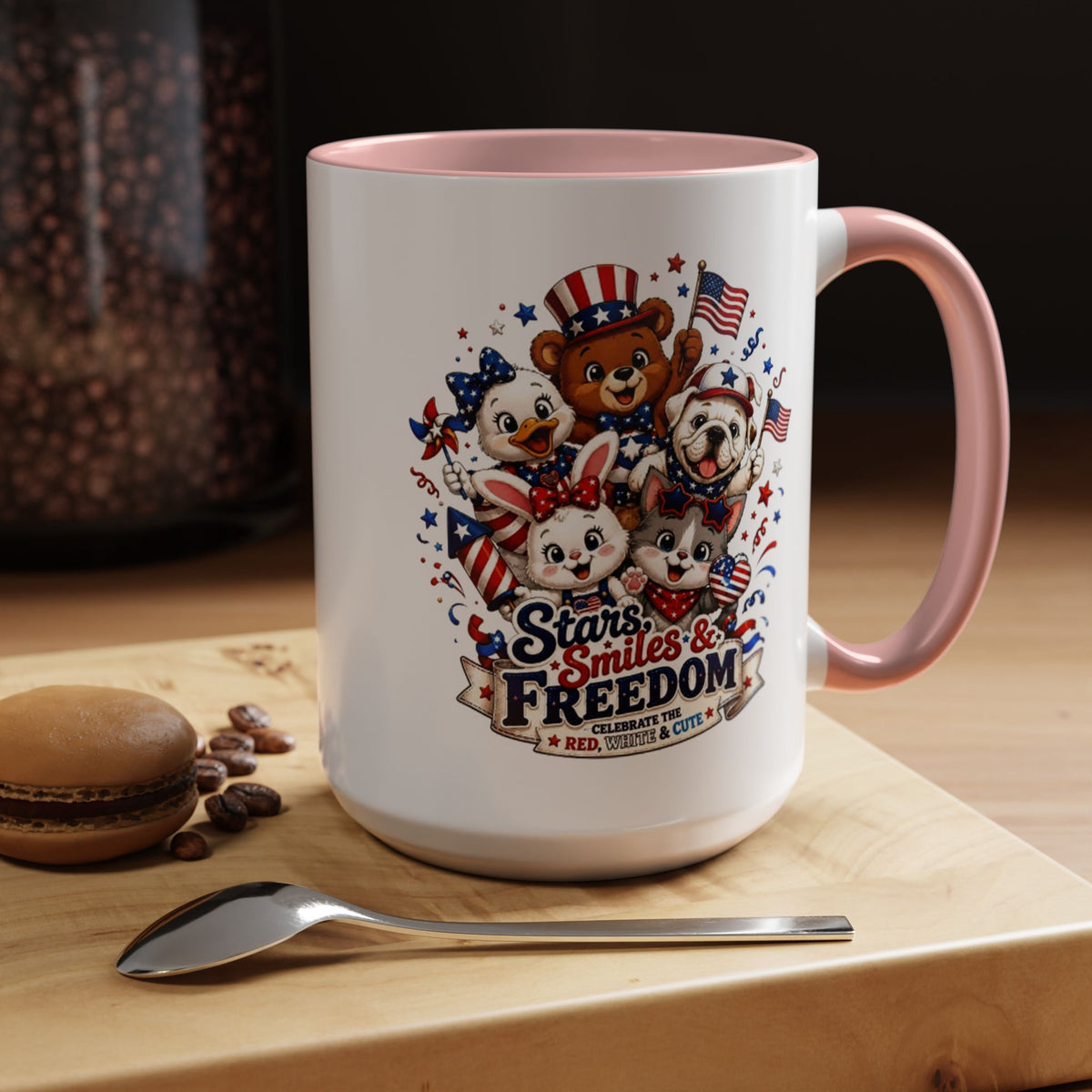 Cute Patriotic Animal Coffee Mug, Fourth of July Mug for Kids and Families, Stars Smiles and Freedom Cup, Independence Day Gift
