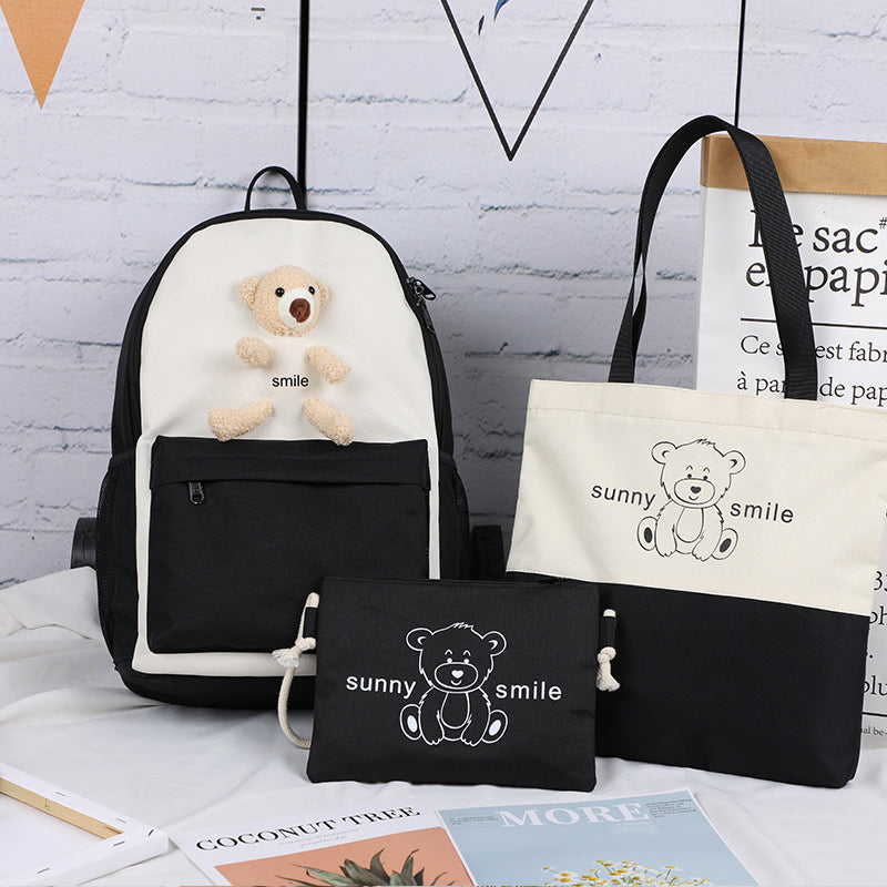 College style backpack bear backpack Girls high school student schoolbag three piece set