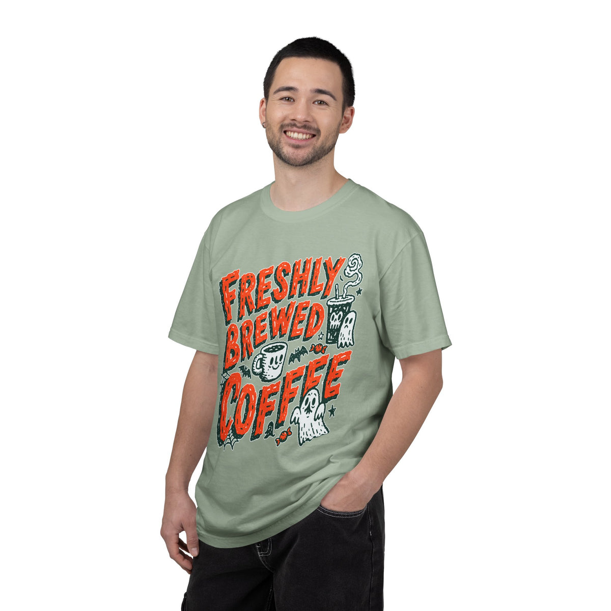 Coffee Lover Halloween Shirt, Freshly Brewed Coffee Ghost T-Shirt, Cute Spooky Season Gift for Barista and Caffeine Fan, Gift for Her