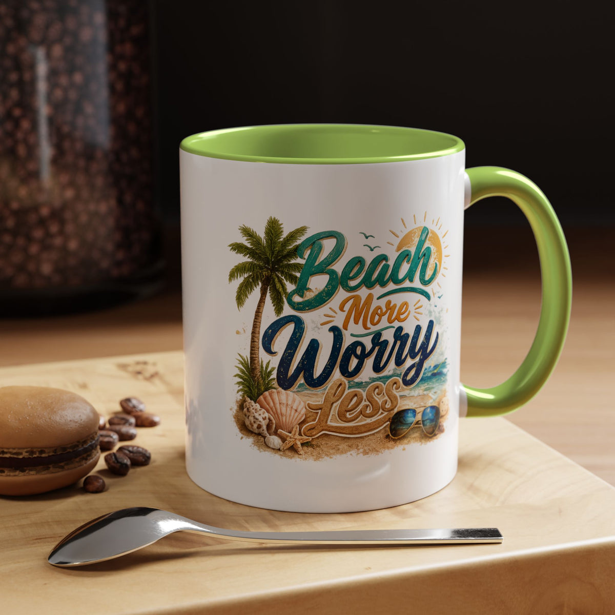 Beach More Worry Less Coffee Mug, Summer Vacation Gift for Ocean Lovers, Cute Tropical Palm Tree Ceramic Tea Cup with Dark Blue Handle