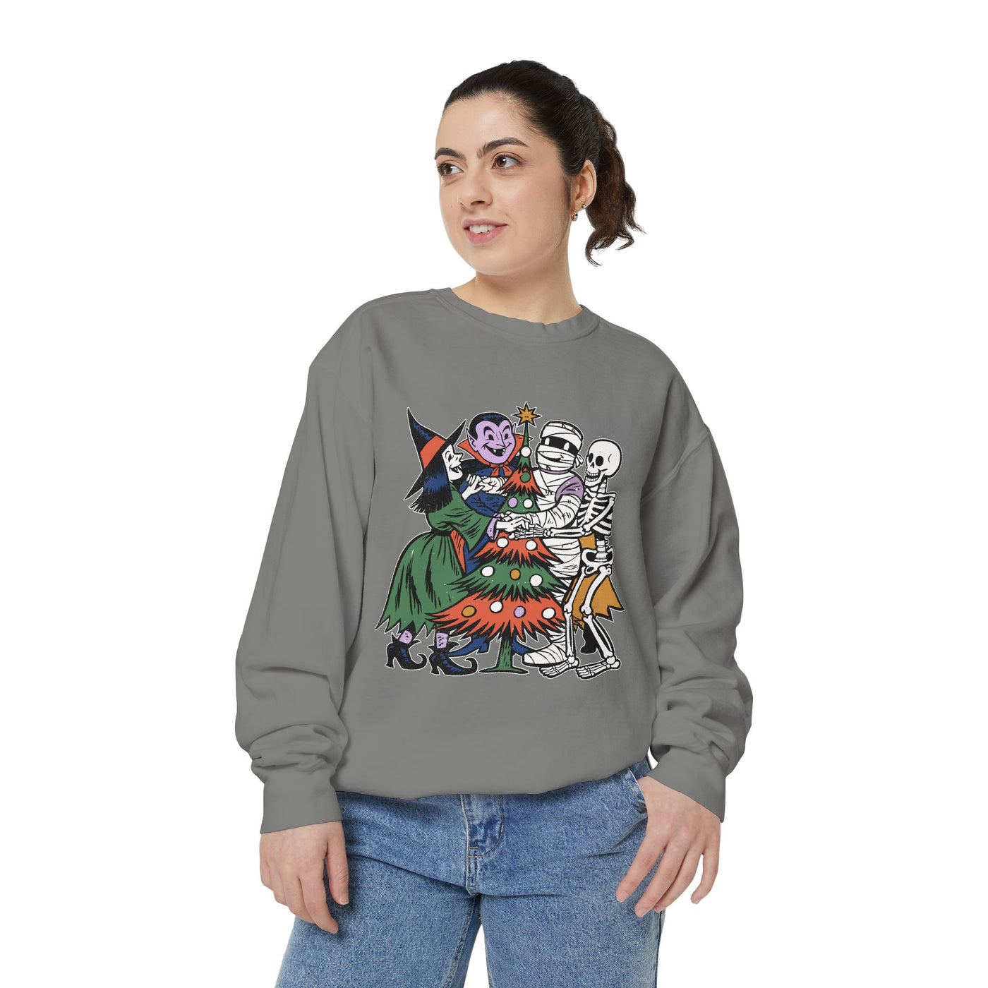 Spooky Christmas Sweatshirt, Halloween Holiday Mashup Crewneck, Witch Vampire Mummy Skeleton Pullover, Gothic Xmas Gift for Horror Fan