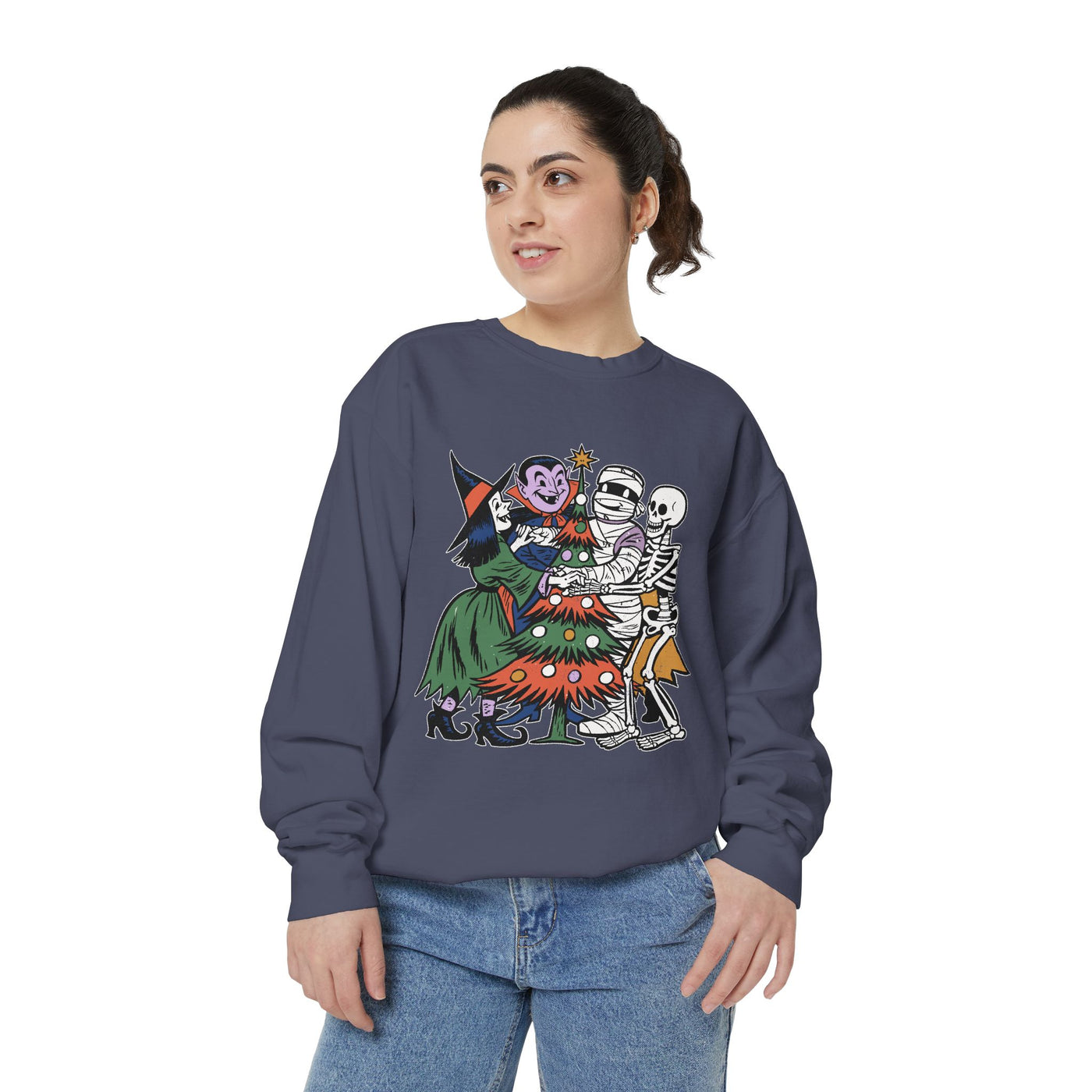 Spooky Christmas Sweatshirt, Halloween Holiday Mashup Crewneck, Witch Vampire Mummy Skeleton Pullover, Gothic Xmas Gift for Horror Fan