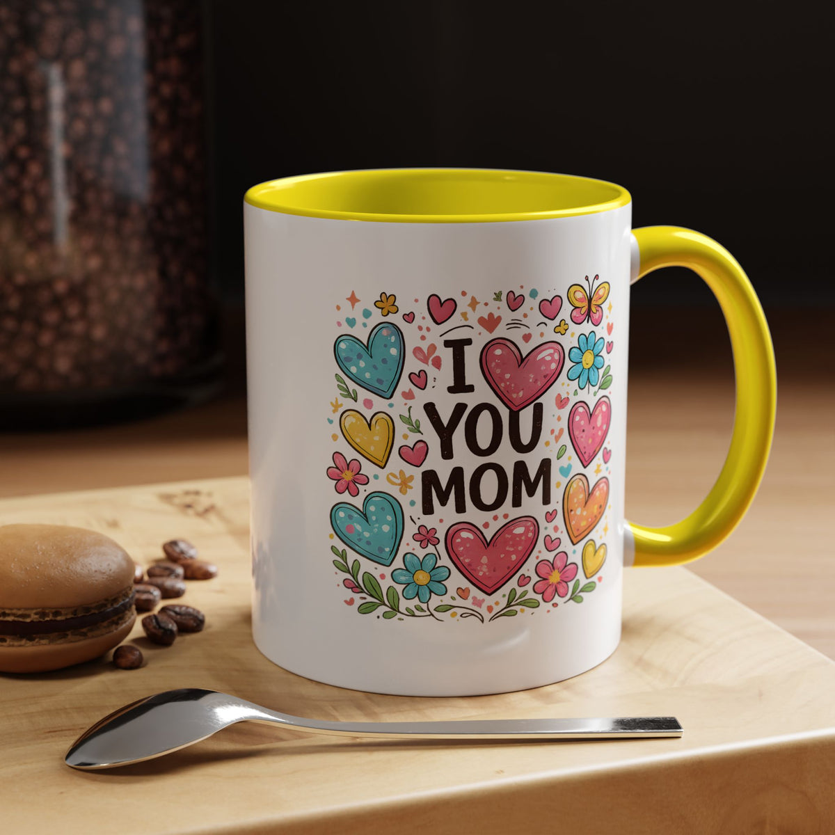 I Love You Mom Coffee Mug, Cute Birthday Gift for Mother, Colorful Hearts and Flowers Ceramic Tea Cup with Blue Handle, Mother's Day Mug