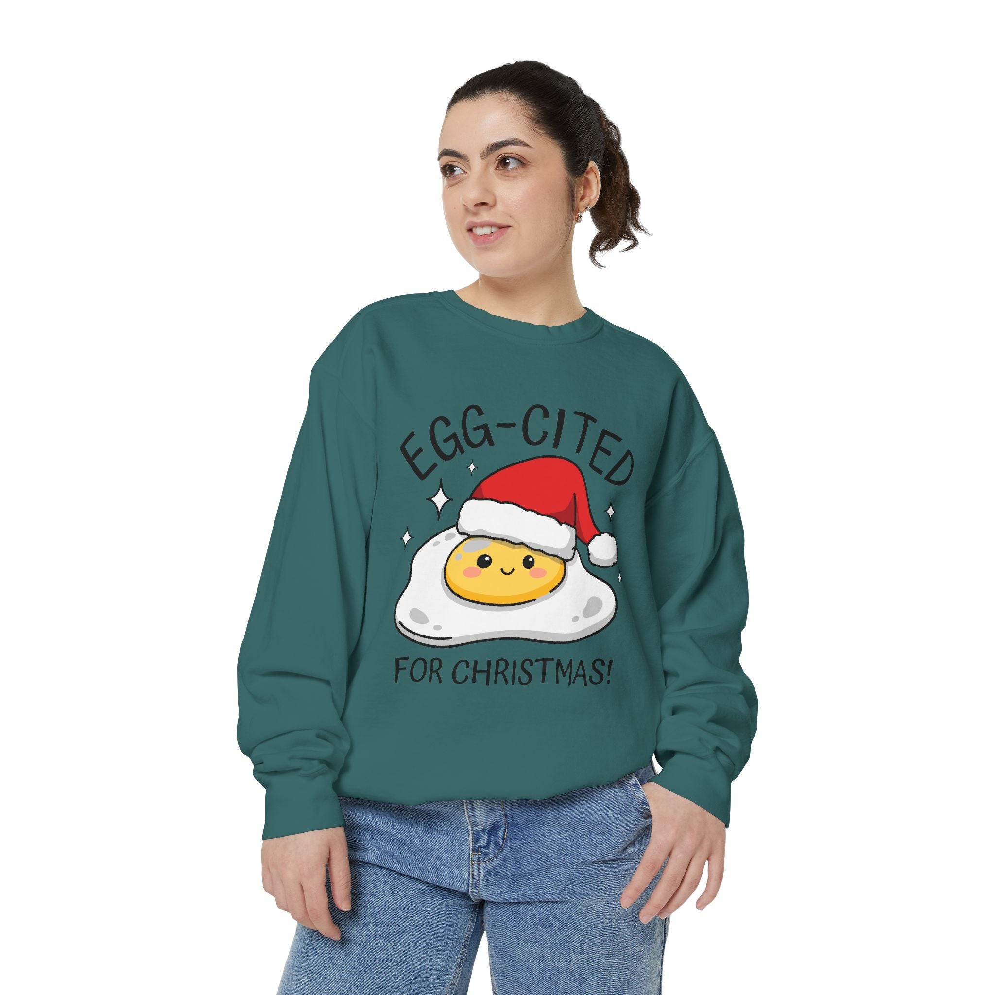 Egg-Cited for Christmas Sweatshirt, Funny Fried Egg Crewneck, Cute Food Pun Holiday Pullover, Christmas Breakfast Gift for Brunch Lover
