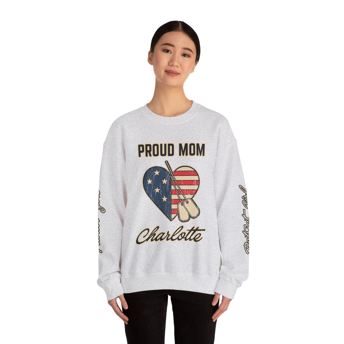 Personalized Proud Mom Sweatshirt, Custom Military Mom Pullover, American Flag Heart Crewneck, Military Mom Gift, Patriotic Mother Shirt