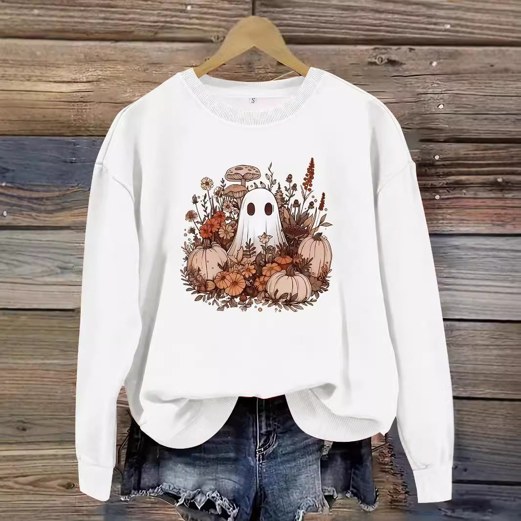 Round neck cartoon ghost print pullover sweatshirt sweatshirt sweatshirt