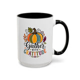 Gather With Gratitude Mug, Colorful Pumpkin Thanksgiving Coffee Cup, Cozy Fall Hostess Gift, Autumn Kitchen and Harvest Decor