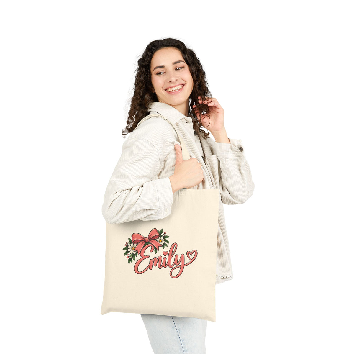 Personalized Name Tote Bag, Natural Cotton Canvas 15x16, Pink Bow Floral Script, Custom Daisy Heart Shopper
