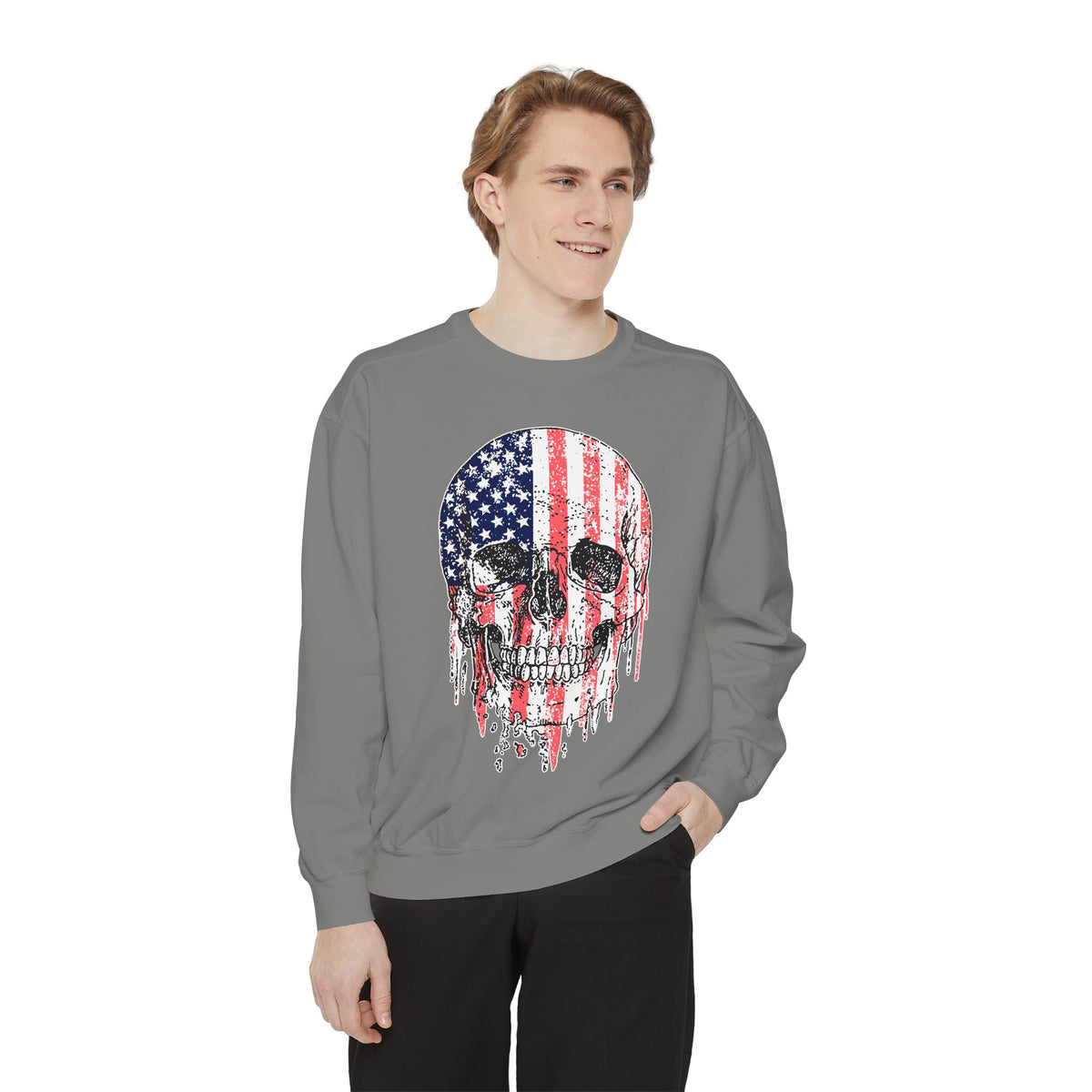 American Flag Skull Sweatshirt, Distressed Patriotic Graphic for Biker Outfits, Fourth of July Style, Birthday Gift for Skull Art Lovers