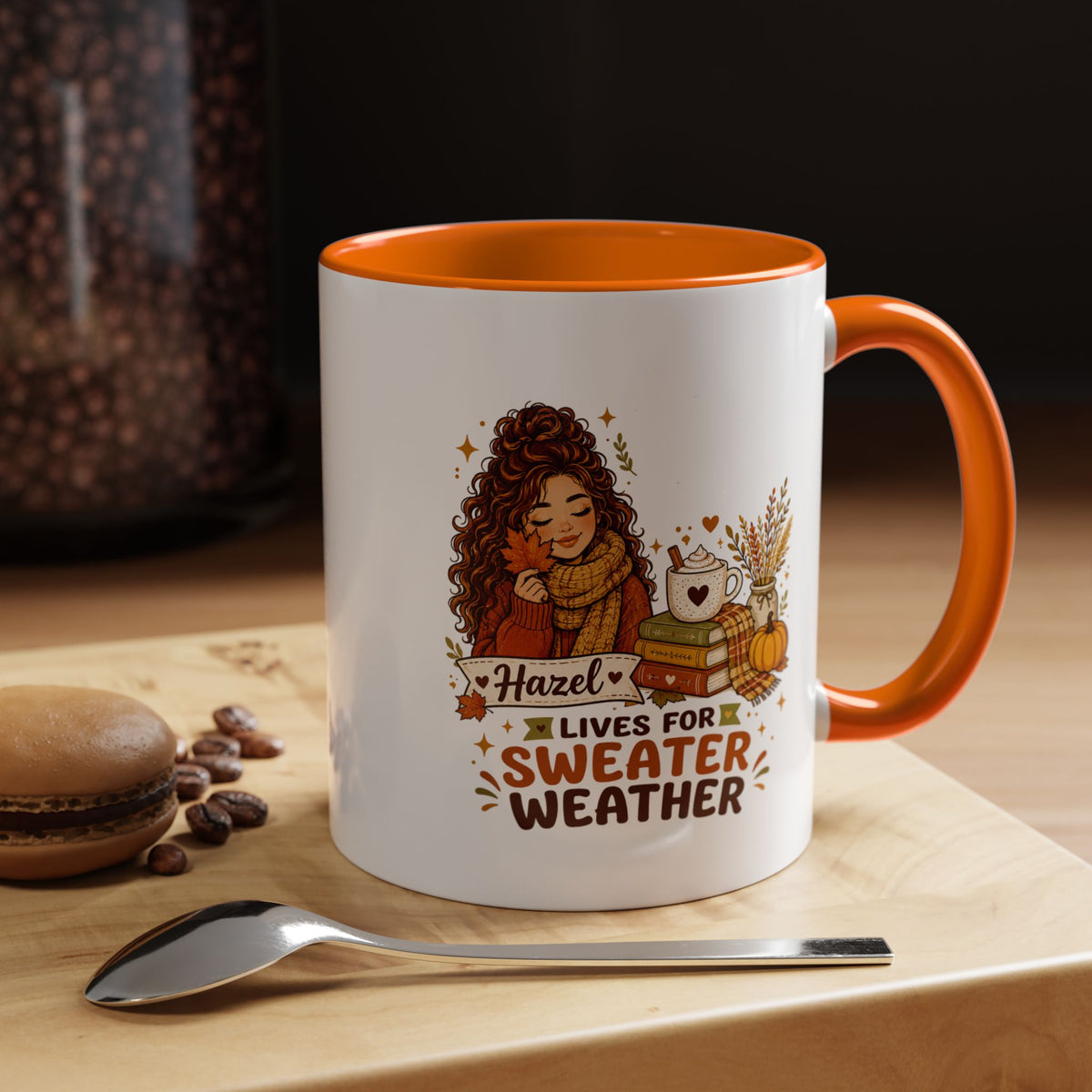 Personalized Sweater Weather Mug, Custom Name Fall Coffee Cup, Cozy Book Lover Gift for Her, Autumn Pumpkin and Reading Design
