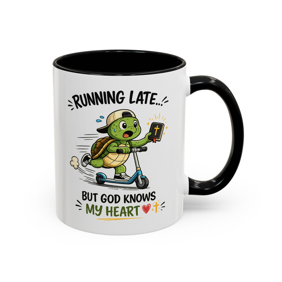 Christian Turtle Coffee Mug, Running Late But God Knows My Heart Mug, Funny Faith Based Mug, Christian Gift for Friends, Bible Lover Cup
