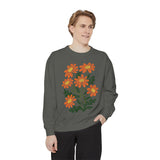 Orange Daisy Graphic Sweatshirt, Retro Floral Pullover for Flower Lovers, Groovy Botanical Top, Cheerful Garden Gift for Women