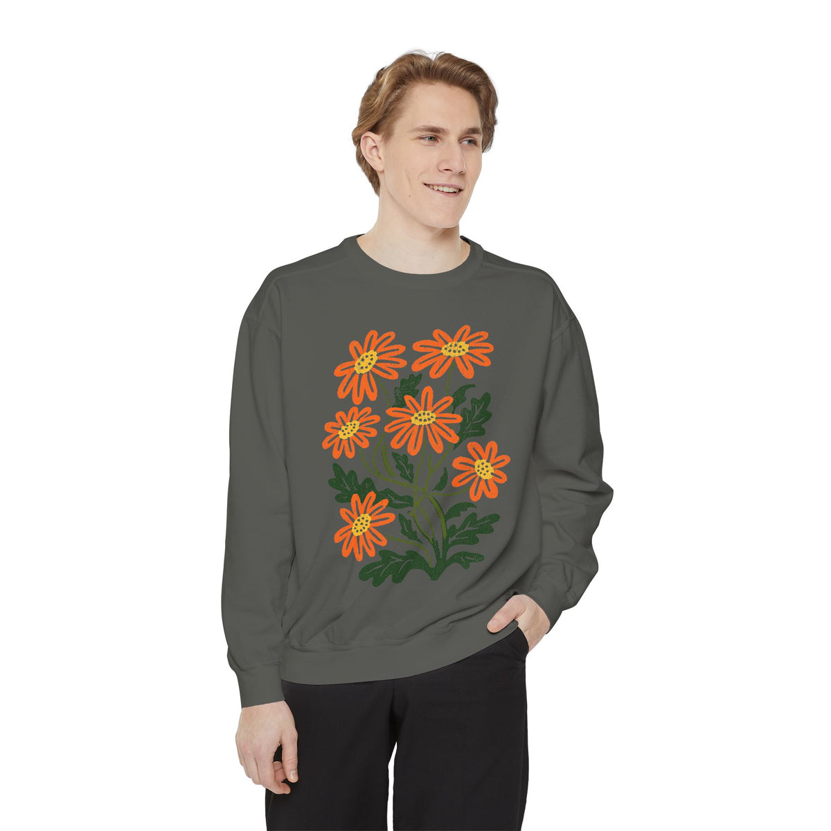 Orange Daisy Graphic Sweatshirt, Retro Floral Pullover for Flower Lovers, Groovy Botanical Top, Cheerful Garden Gift for Women