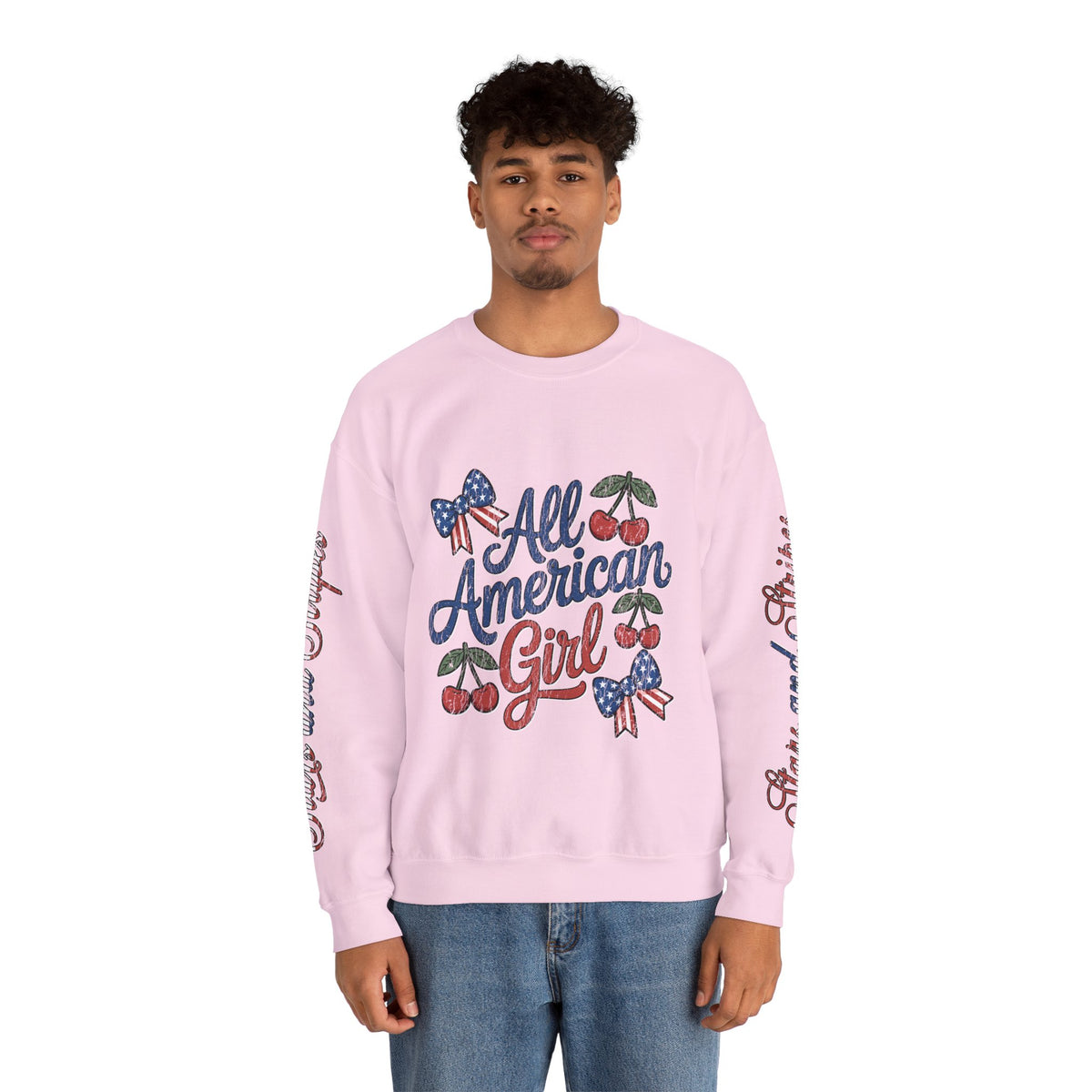 All American Girl Sweatshirt, Patriotic Womens Pullover, USA Flag Cherry Top, Vintage Americana Style, Fourth of July Gift