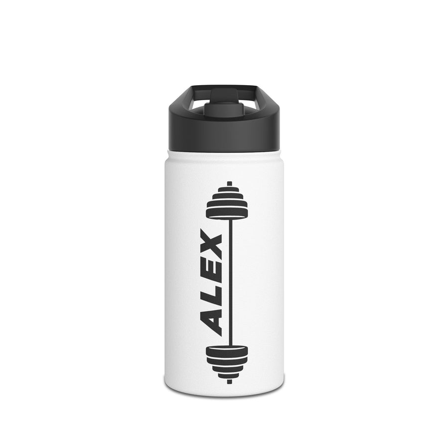 A white stainless steel water bottle with a black flip-top lid, printed with a black barbell with stacked plates at each end running down the side, beside the sample name "ALEX" in bold black capitals.