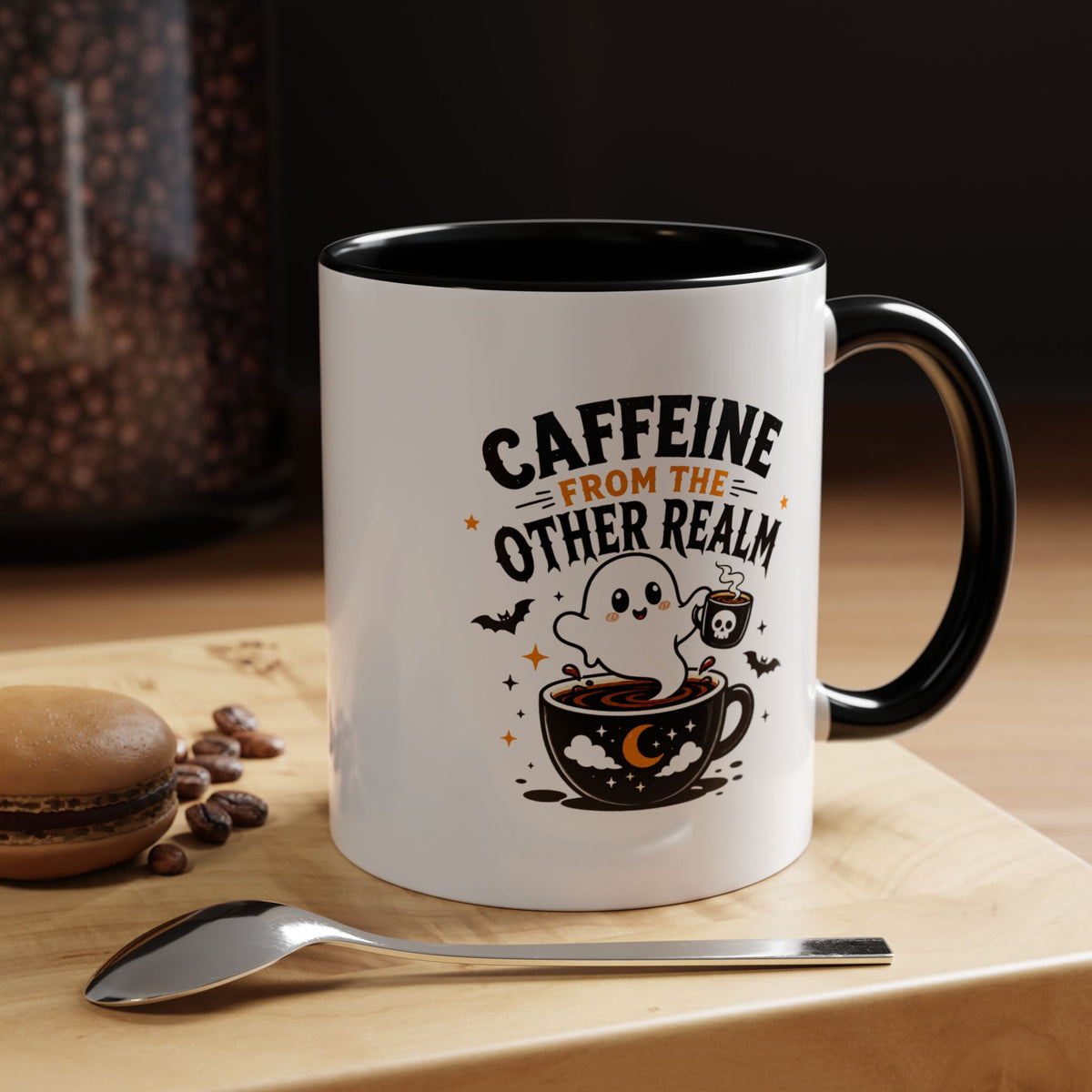 Halloween Ghost Coffee Mug, Caffeine From the Other Realm Black Accent Cup, Funny Spooky Gift for Coffee Lover, Barista or Coworker