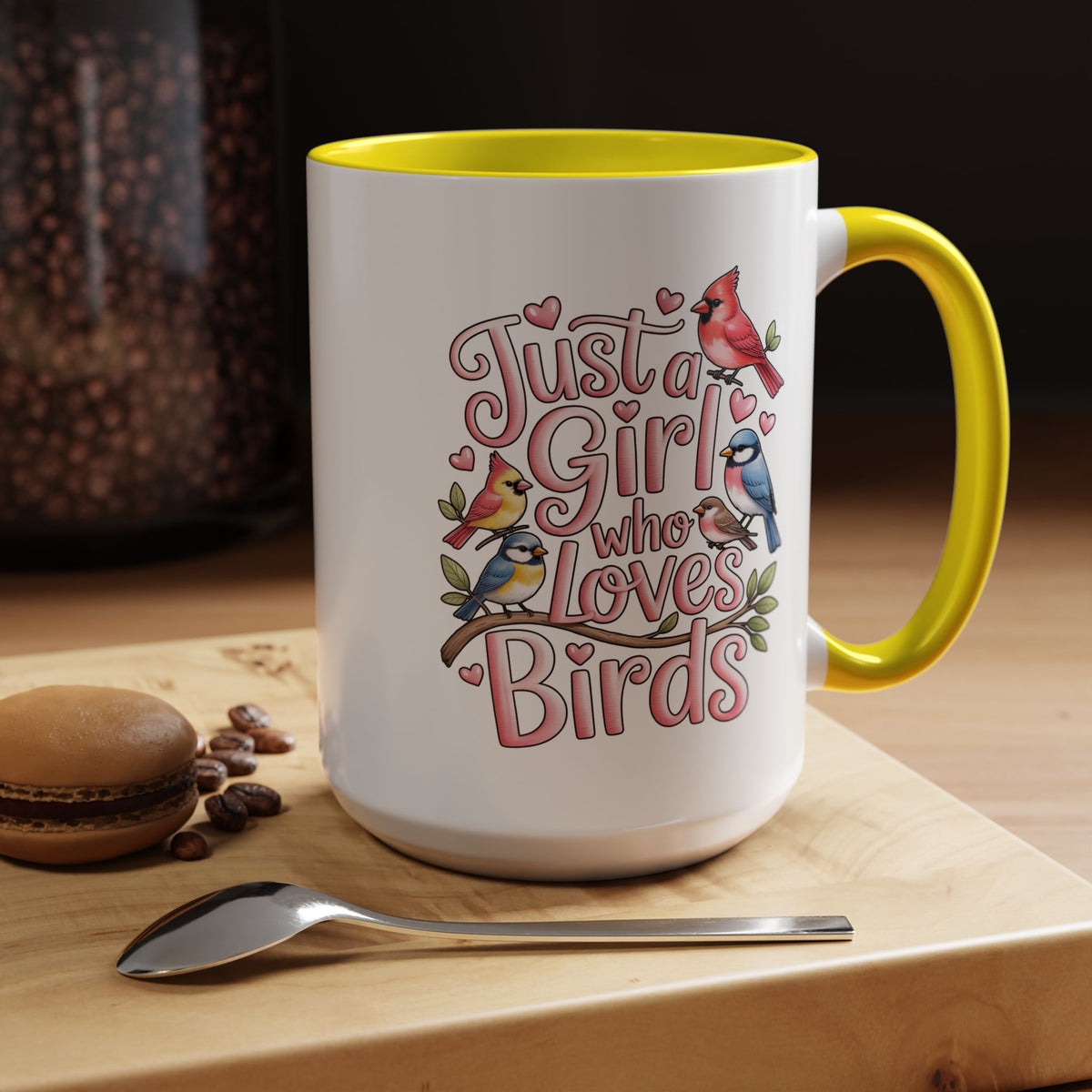 Bird Lover Coffee Mug, Just a Girl Who Loves Birds Quote, Pink Lettering and Garden Songbird Design, Birthday Gift for a Birdwatching Friend