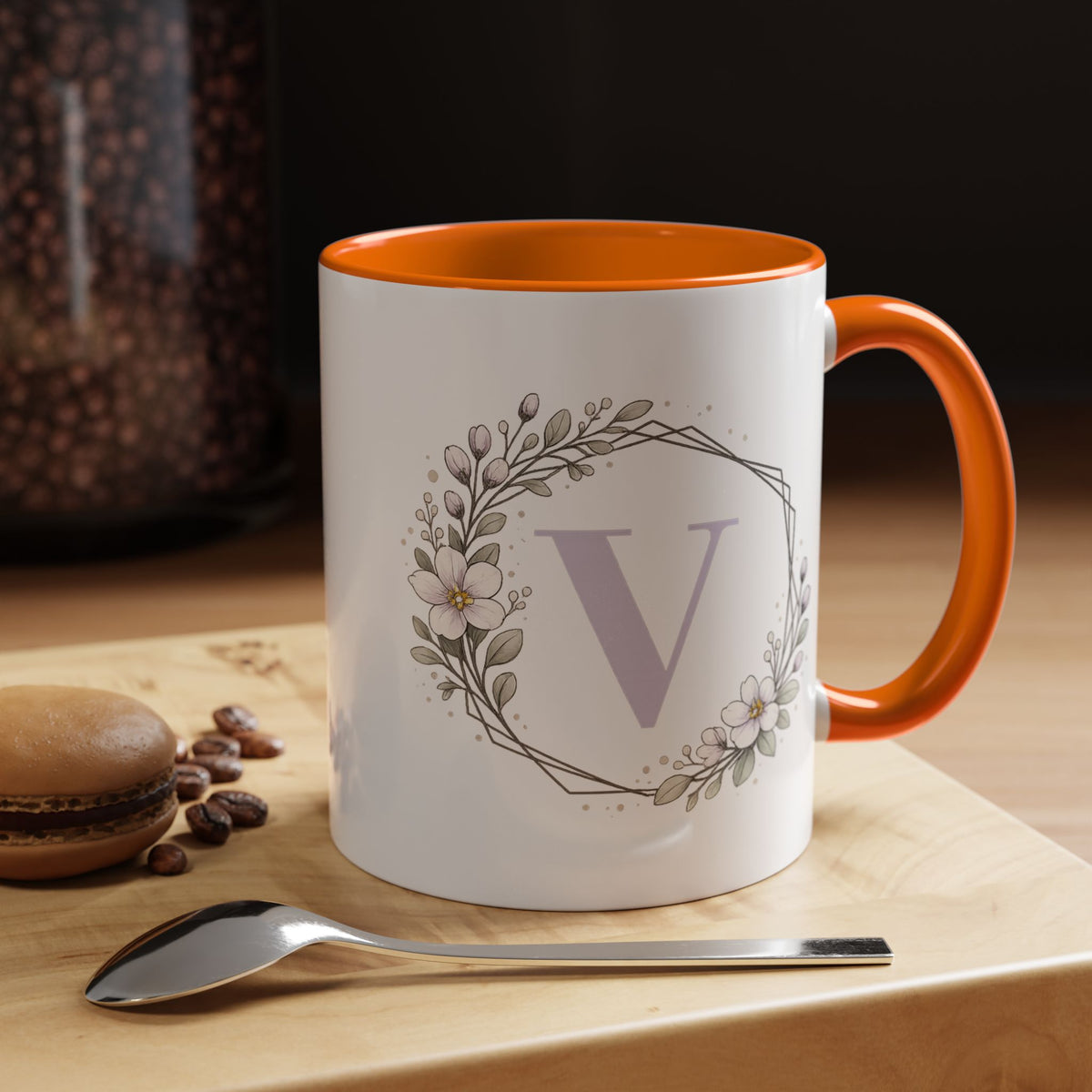 Letter V Monogram Mug, Floral Initial Coffee Mug for Women, Botanical Alphabet Cup, Minimalist Monogram Gift, Personalized Letter Mug