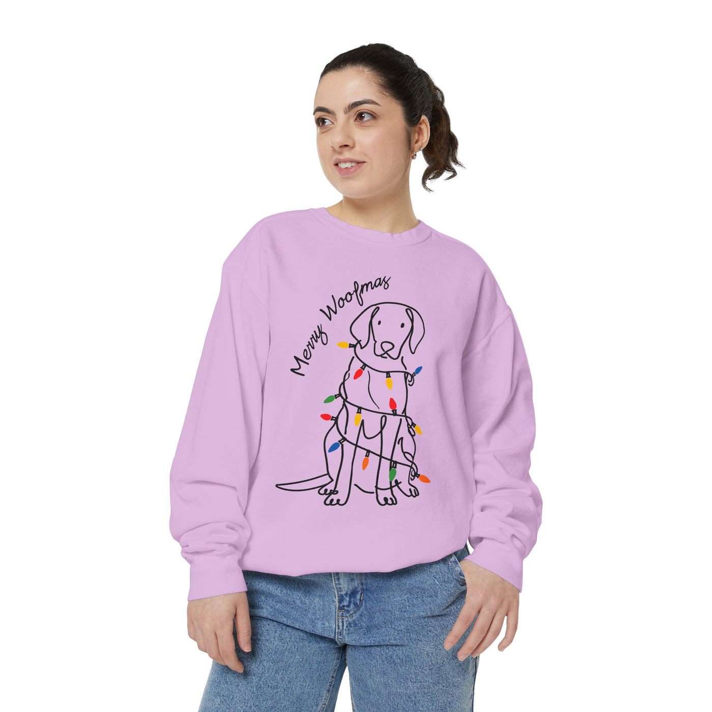 Merry Woofmas Dog Sweatshirt, Funny Christmas Puppy Crewneck, Holiday Lights Pet Lover Pullover, Cute Christmas Gift for Dog Mom or Dog Dad