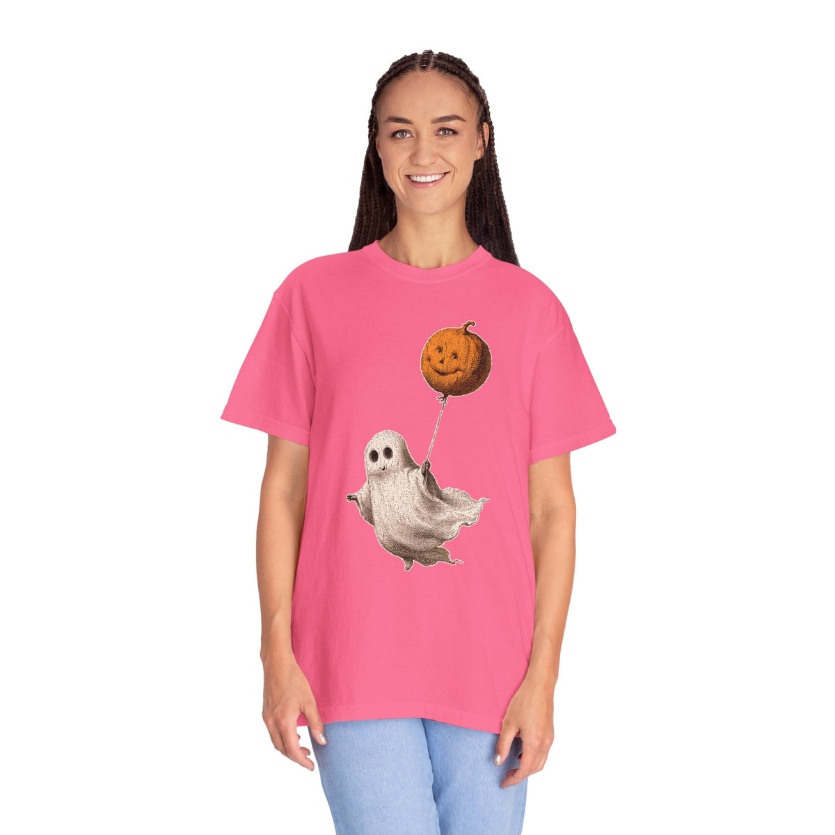 Cute Ghost Halloween Shirt, Pumpkin Balloon Graphic Tee, Vintage Spooky Season Gift for Women, Cozy October Fall Outfit for Ghost Lovers