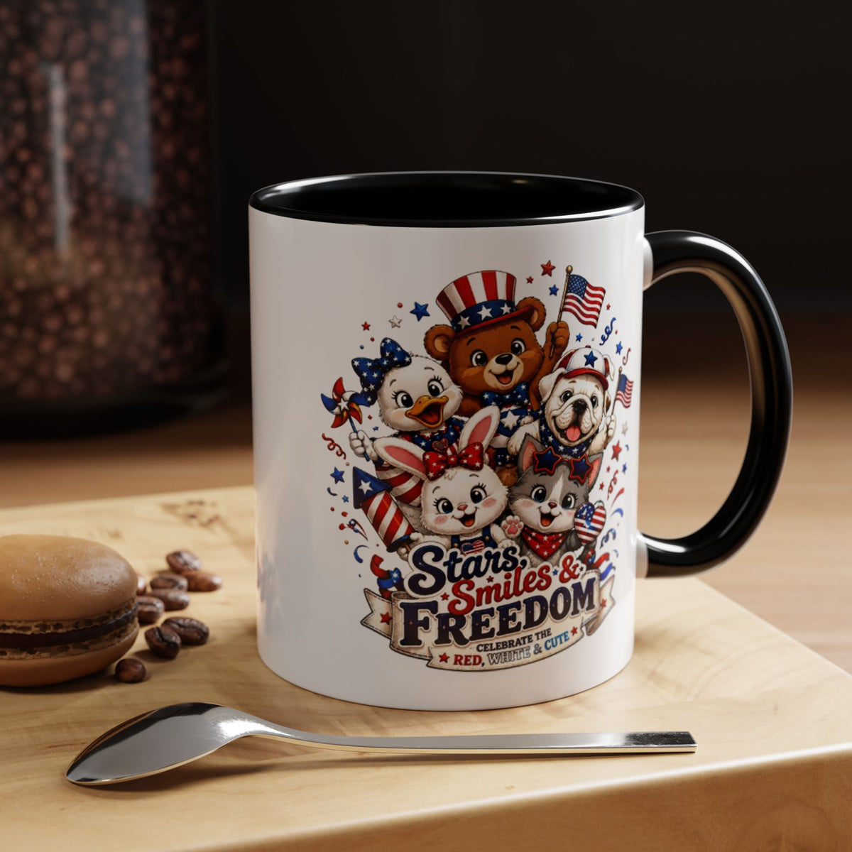 Cute Patriotic Animal Coffee Mug, Fourth of July Mug for Kids and Families, Stars Smiles and Freedom Cup, Independence Day Gift