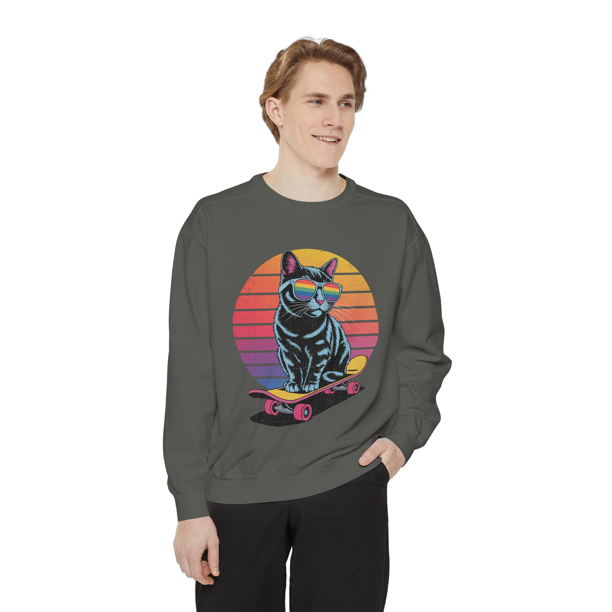 Retro Skateboard Cat Sweatshirt, Rainbow Sunglasses Kitty Crewneck, Funny Cat Lover Gift, Vintage Skater Graphic Cozy Pullover Top