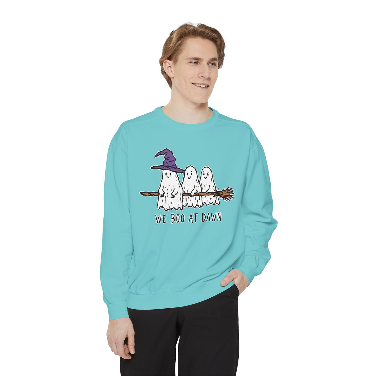 We Boo at Dawn Ghost Sweatshirt, Funny Halloween Witch Broom Pullover, Cute Spooky Season Gift for Friends and Ghost Lovers, October Outfit