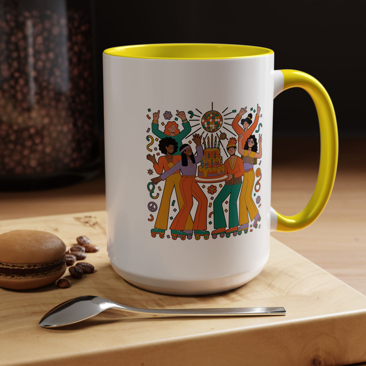 Retro Disco Birthday Coffee Mug, 70s Roller Skating Party Design, Groovy Gift for a Skater Friend Who Loves Colorful Nostalgic Drinkware