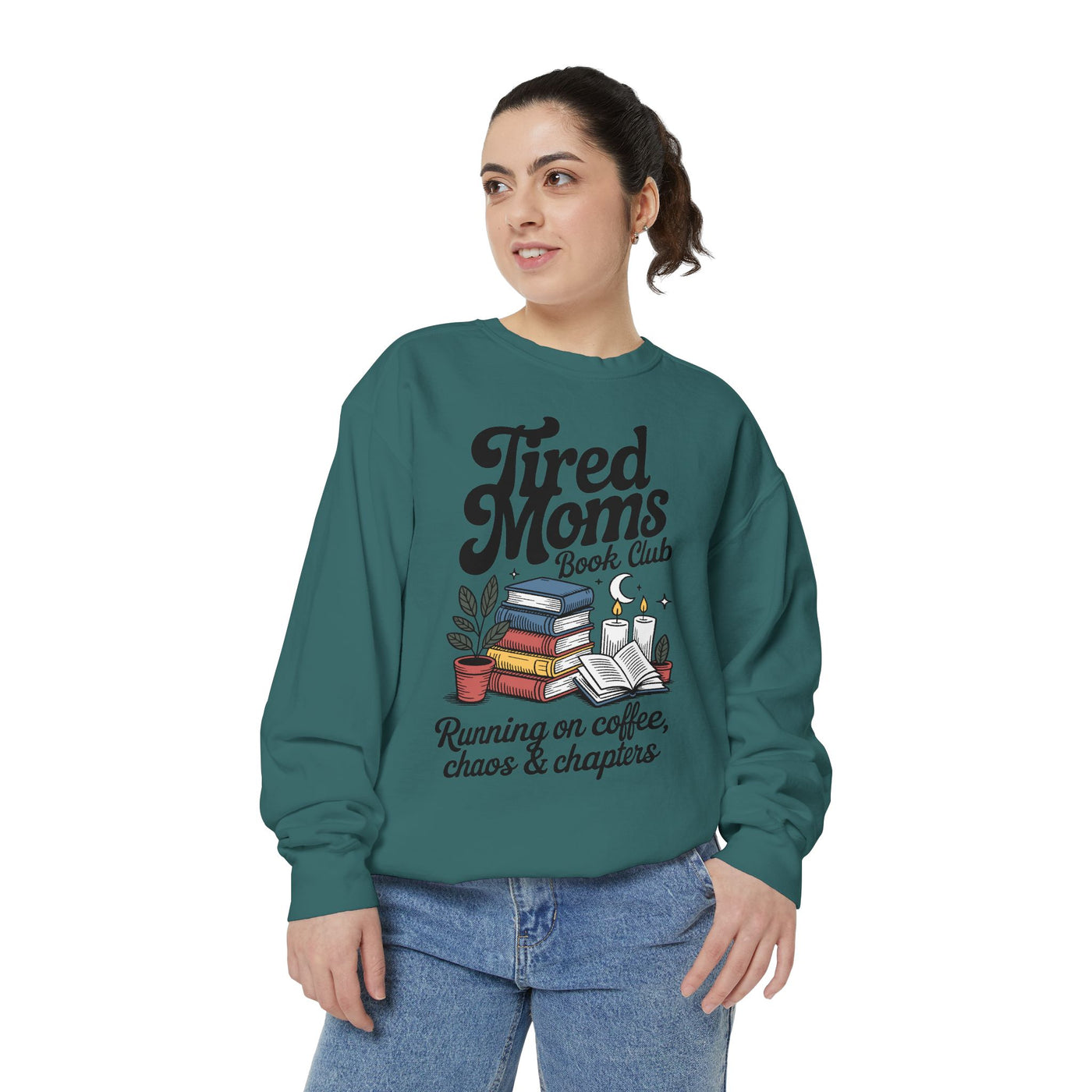 Tired Moms Book Club Comfort Colors Sweatshirt, Running on Coffee Chaos and Chapters Shirt, Book Lover Mom Gift