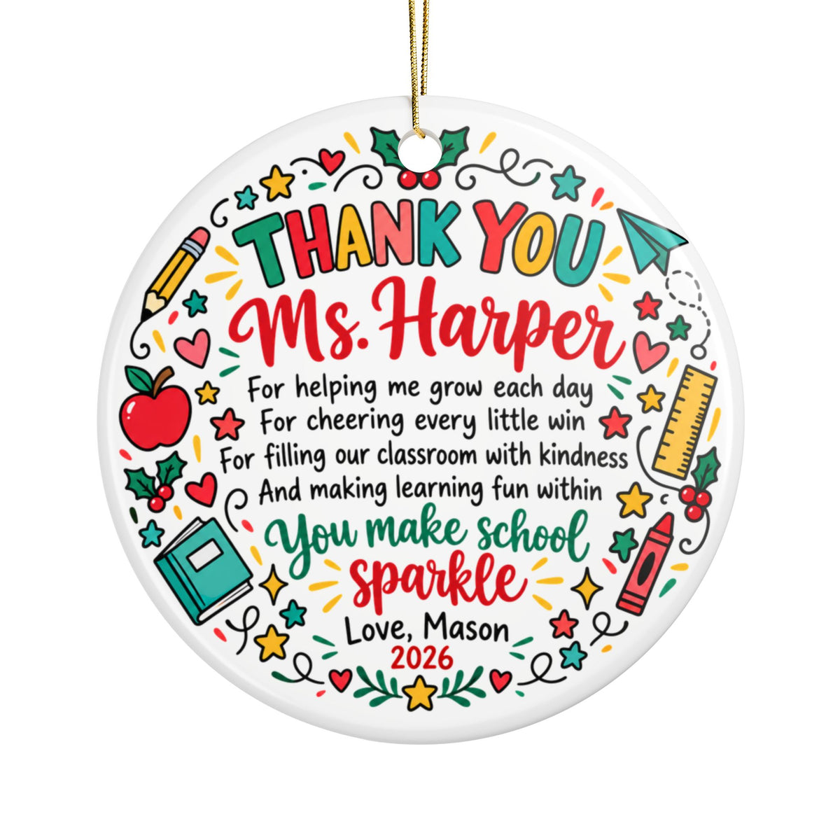 Personalized Thank You Teacher Christmas Ornament, Custom Teacher Name Gift, Teacher Appreciation Keepsake, Holiday Decor 2026