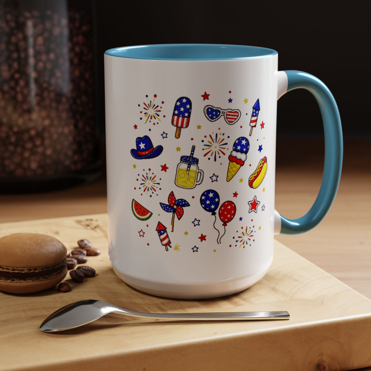 Patriotic Summer Celebration Mug, Fourth of July Coffee Mug, Americana Fireworks Cup, Red White Blue Holiday Gift