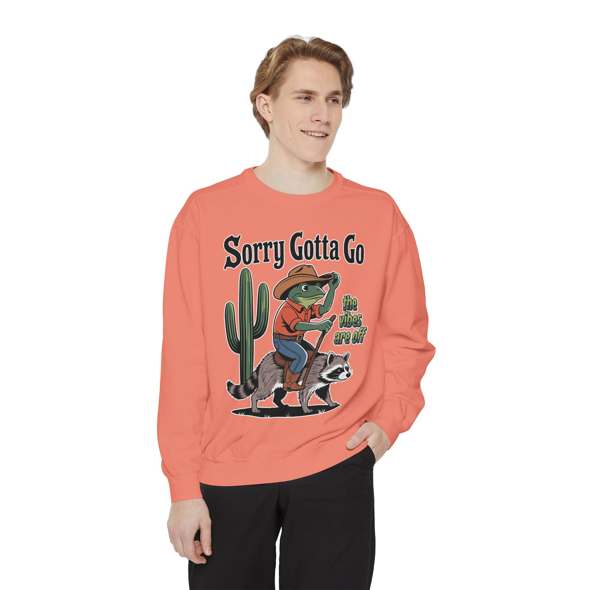 Funny Frog Cowboy Comfort Sweatshirt, Sorry Gotta Go The Vibes Are Off Crewneck, Raccoon Western Meme Comfort Sweatshirt