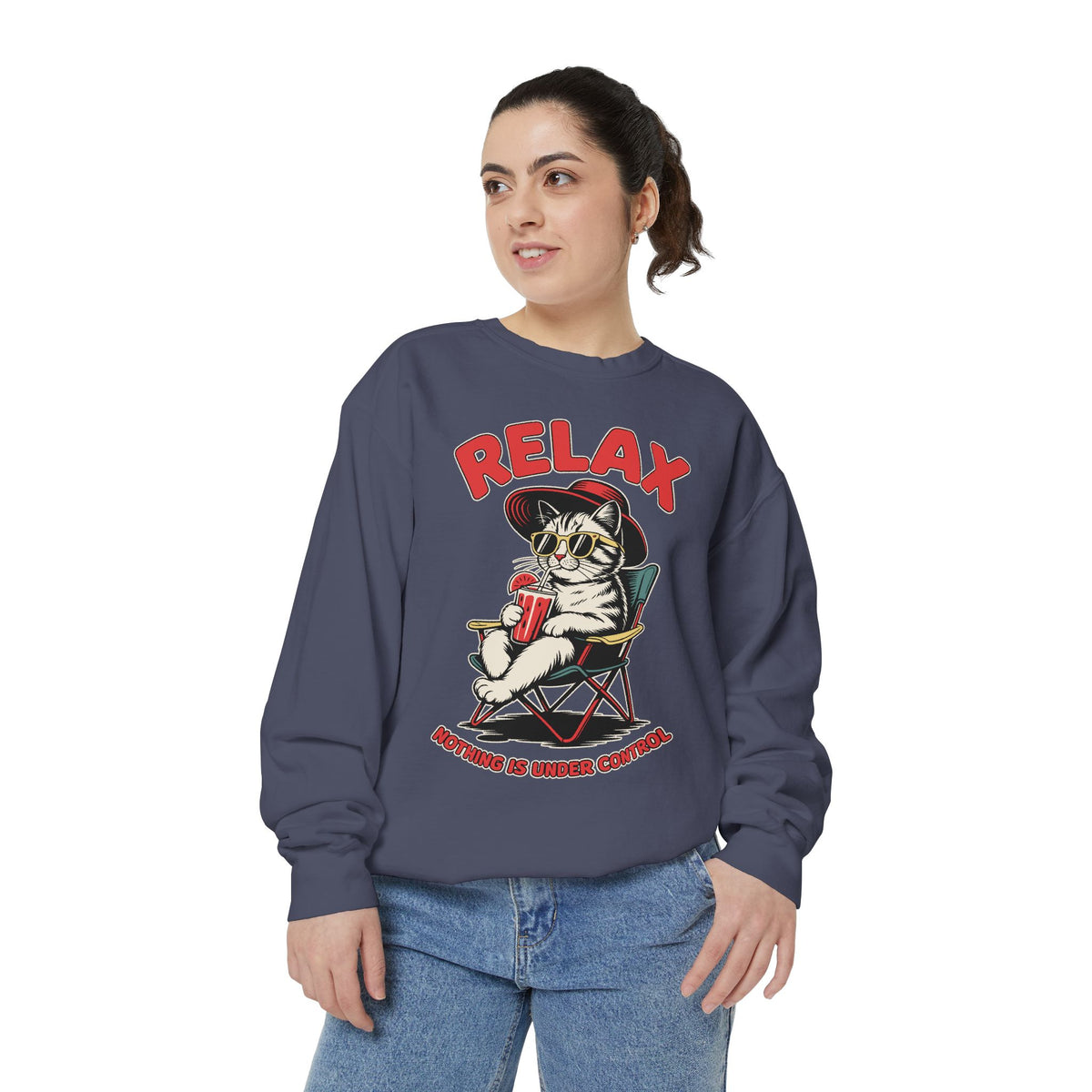 Funny Cat Lover Comfort Sweatshirt, Relax Nothing Is Under Control Crewneck, Sarcastic Cat Mom Comfort Sweatshirt Gift