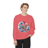 Japanese Surfing Raccoon Sweatshirt, Retro Wave Graphic Crewneck, Funny Animal Surfer Gift, Japan Inspired Beachwear Cozy Pullover